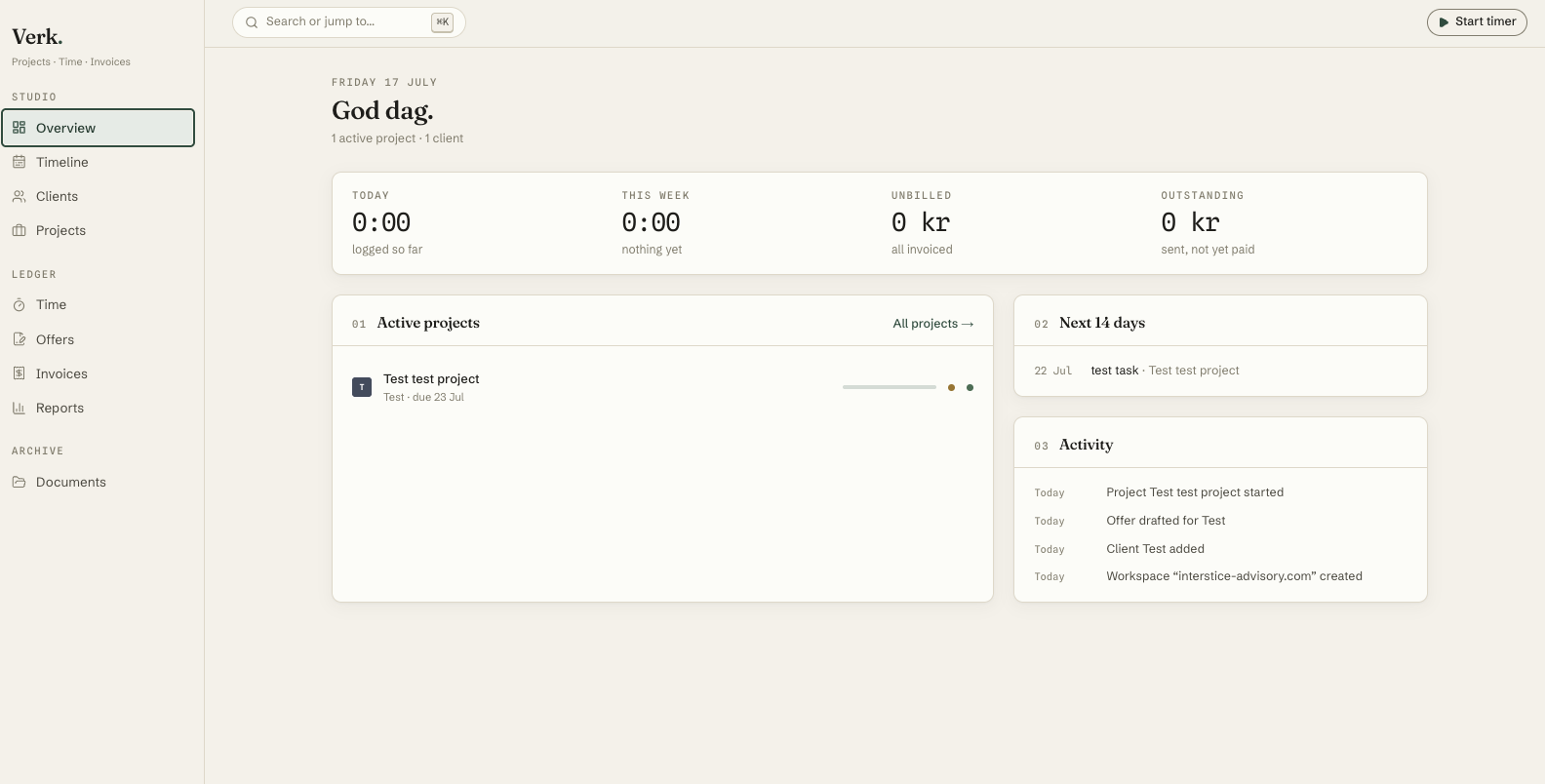 Verk Overview dashboard showing today and week hours, unbilled and outstanding value, active projects, next 14 days, and activity feed