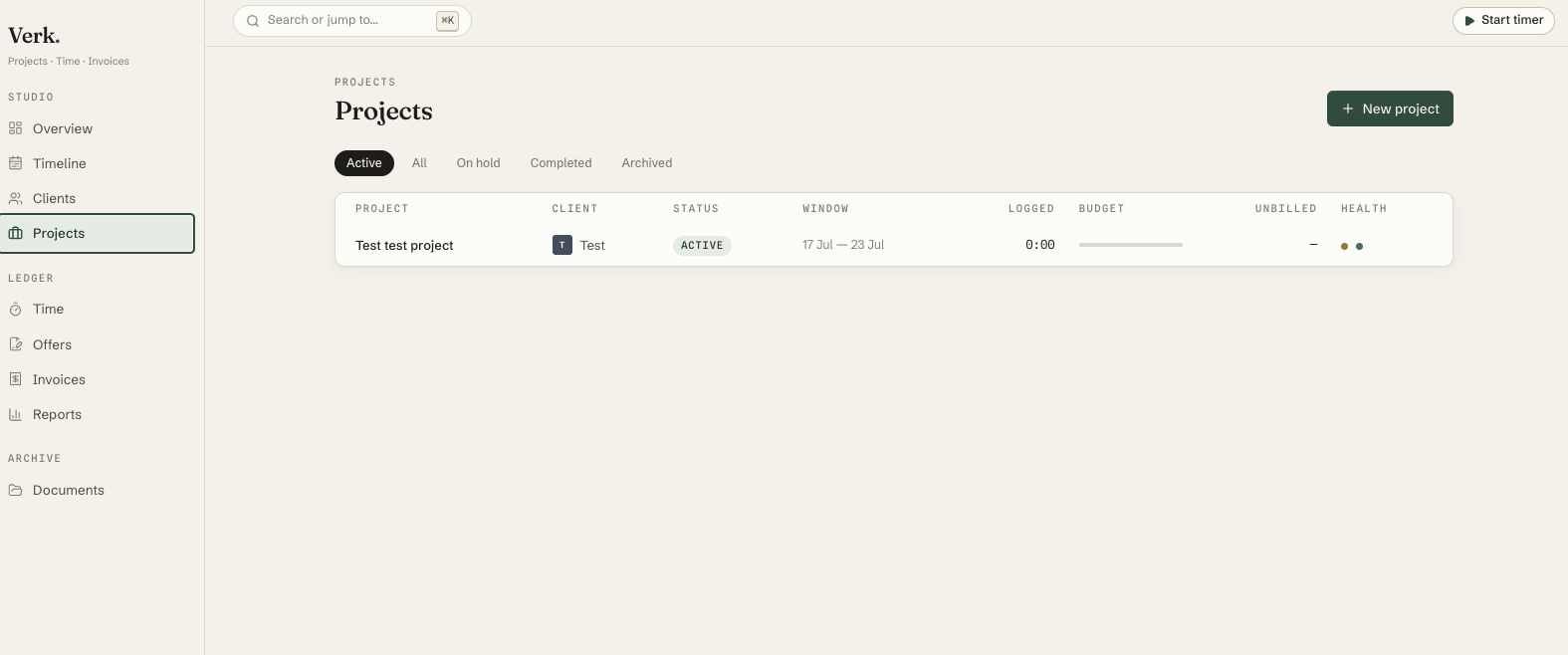Verk Projects list showing status, date window, logged hours, budget burn bar, and health dots