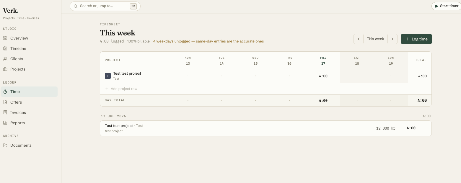 Verk weekly timesheet grid with billable percentage and an unlogged-weekdays nudge