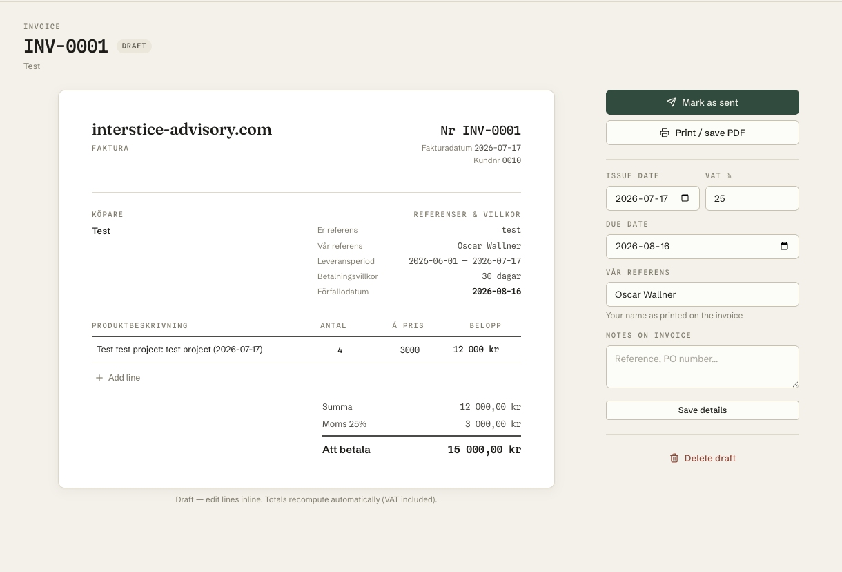 Verk invoice editor showing a Swedish faktura draft with inline line editing and VAT recompute