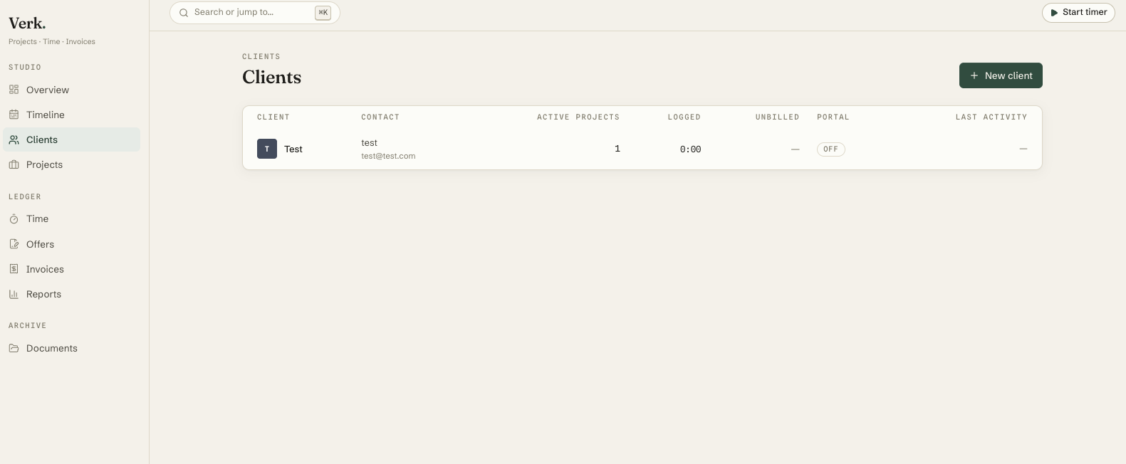 Verk Clients list with a zero-login client portal toggle