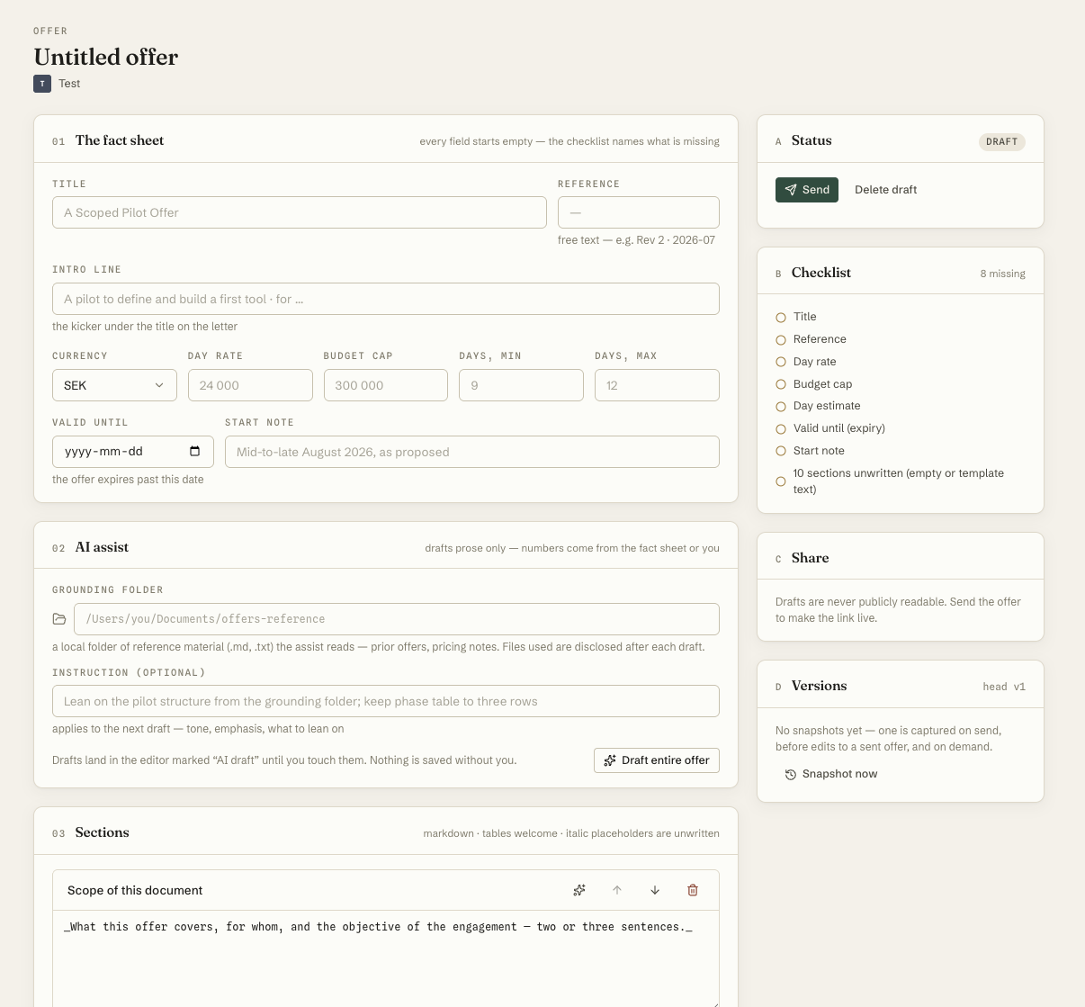 Verk Offer Desk showing the blank-by-default fact sheet, a missing-fields checklist, AI assist with a grounding folder, markdown sections, and version history